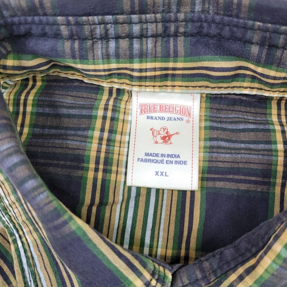 True Religion Pearl Snap Western Shirt Mens 2XL Green Plaid Long Sleeve